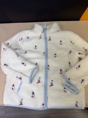 Cat & Jack White Sherpa Jacket with Light Blue Trim and Ski Print size XL 14 new